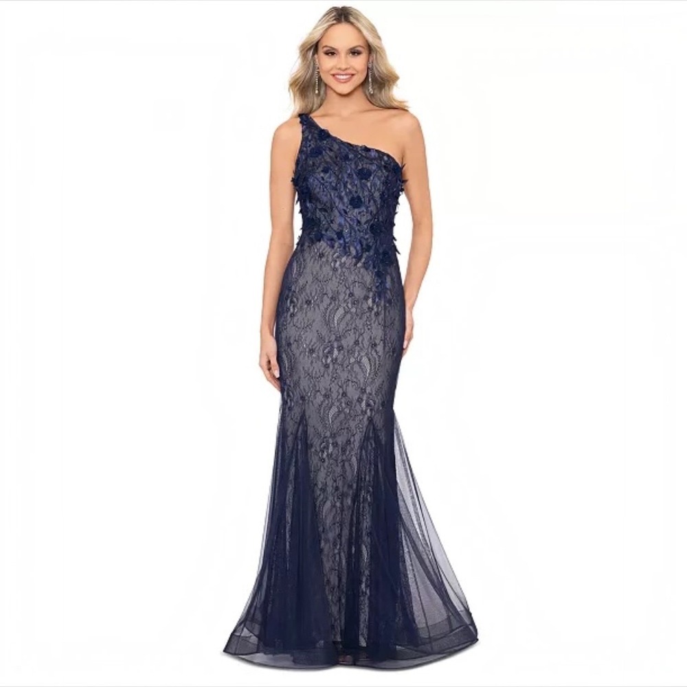 NEW XSCAPE 6184X Lace Mesh One-Shoulder 3D Flowers Gown Navy Size 6 NWT